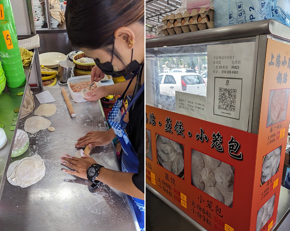 Wrappers being rolled to order (left). Look for this bright orange stall, and you can also get in touch with this number for bulk orders of frozen dumplings (right).