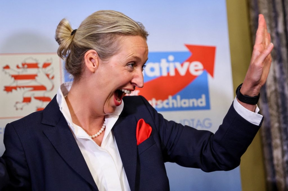 Alice Weidel, co-leader of the ultra-right Alternative for Germany party (AFD) reacts after the first exit polls for the Hesse state elections were published, in Wiesbaden, Germany, October 8, 2023. — Pool picture via Reuters