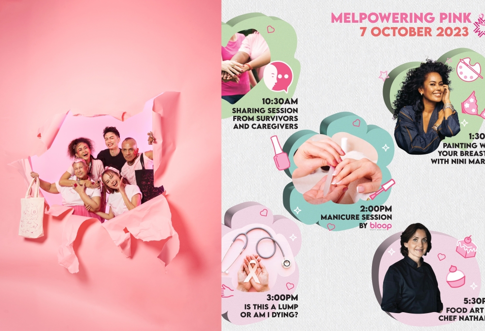 (From L-R) Cancer survivor Renee Aziz (holding bag), Looi, Dr BenGee, Jiman Casablancas and Jestinna Kuan and (right) Melpowering Pink activities on Saturday — Pictures courtesy of Jemmie Chew    