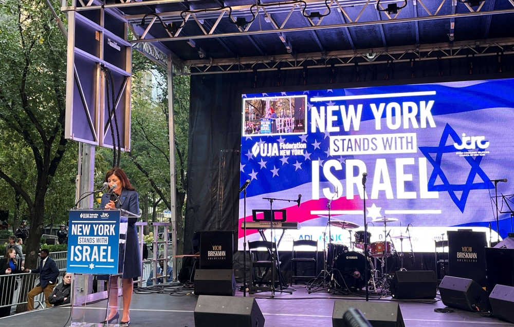 New York State Governor Kathy Hochul speaks at the 'New York Stands with Israel' rally in New York October 10, 2023. — Reuters pic