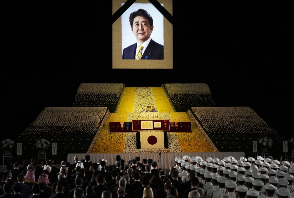 The state funeral for Japan’s former prime minister Shinzo Abe in the Nippon Budokan in Tokyo on September 27, 2022. — AFP pic