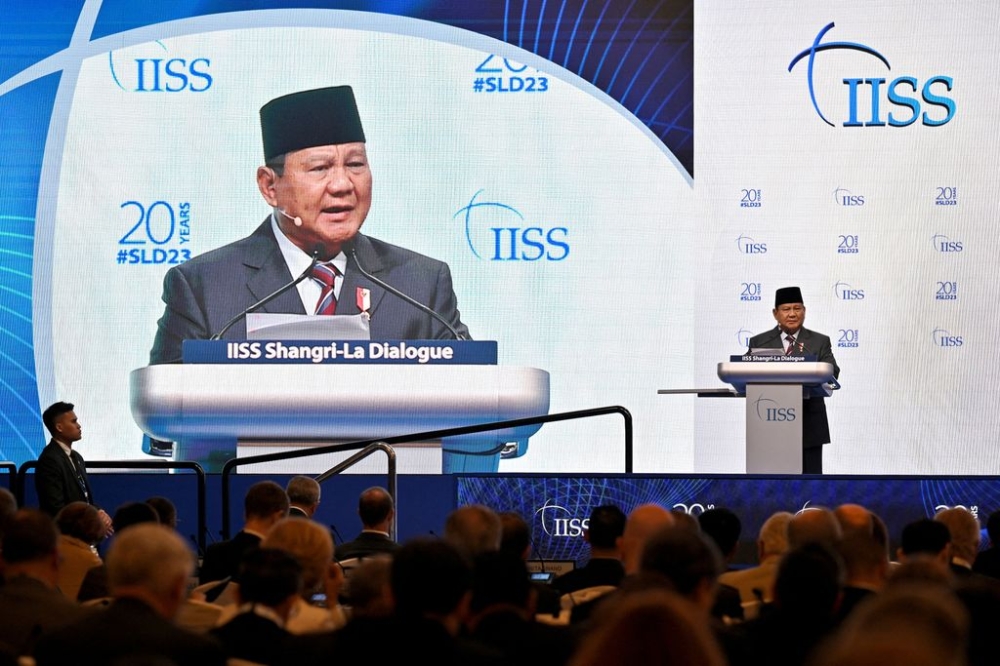 Indonesia’s Minister of Defence Prabowo Subianto speaks at a plenary session of the 20th IISS Shangri-La Dialogue in Singapore June 3, 2023. — Reuters pic