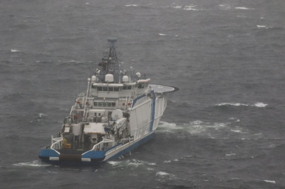 The picture provided by The Finnish Border Guard shows Finnish Border Guard's offshore patrol vessel Turva guarding on October 11, 2023 at sea near the place where damaged Balticconnector gas pipeline is pinpointed at the Gulf of Finland. — Finnish Border Guard via Reuters