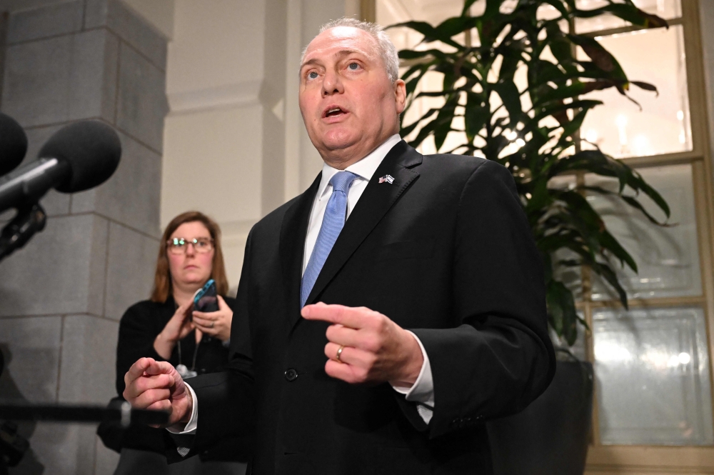 House Majority Leader Steve Scalise, Republican of Louisiana, speaks to the press after a House Republicans caucus meeting at the US Capitol in Washington, DC, October 11, 2023. — AFP pic