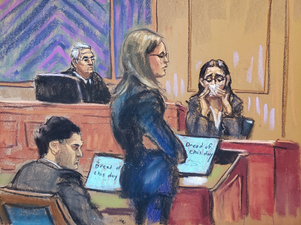 Caroline Ellison reacts while being questioned by Assistant U.S. Attorney Danielle Sassoon during Sam Bankman-Fried's fraud trial before U.S. District Judge Lewis Kaplan over the collapse of FTX, the bankrupt cryptocurrency exchange, at Federal Court in New York October 11, 2023 in this courtroom sketch. — Reuters pic