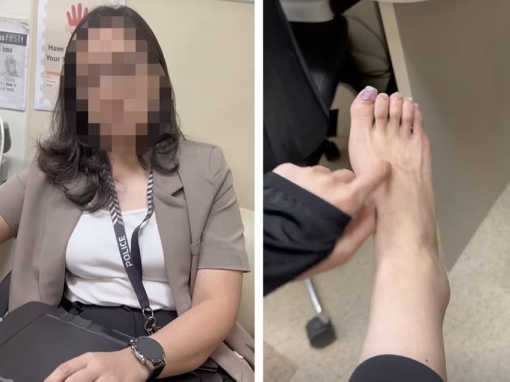 Screengrabs of videos showing a police officer (left) speaking to a woman who allegedly caused a commotion at the Singapore General Hospital, and the woman pointing to her injured foot (right). — Douyin pix via TODAY