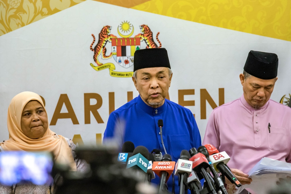Deputy Prime Minister Datuk Seri Ahmad Zahid Hamidi speaks during a press conference at Parliament in Kuala Lumpur October 13, 2023. ― Picture by Firdaus Latif