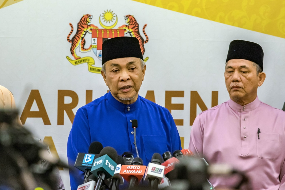 Deputy Prime Minister Datuk Seri Ahmad Zahid Hamidi speaks during a press conference at Parliament in Kuala Lumpur October 13, 2023. ― Picture by Firdaus Latif