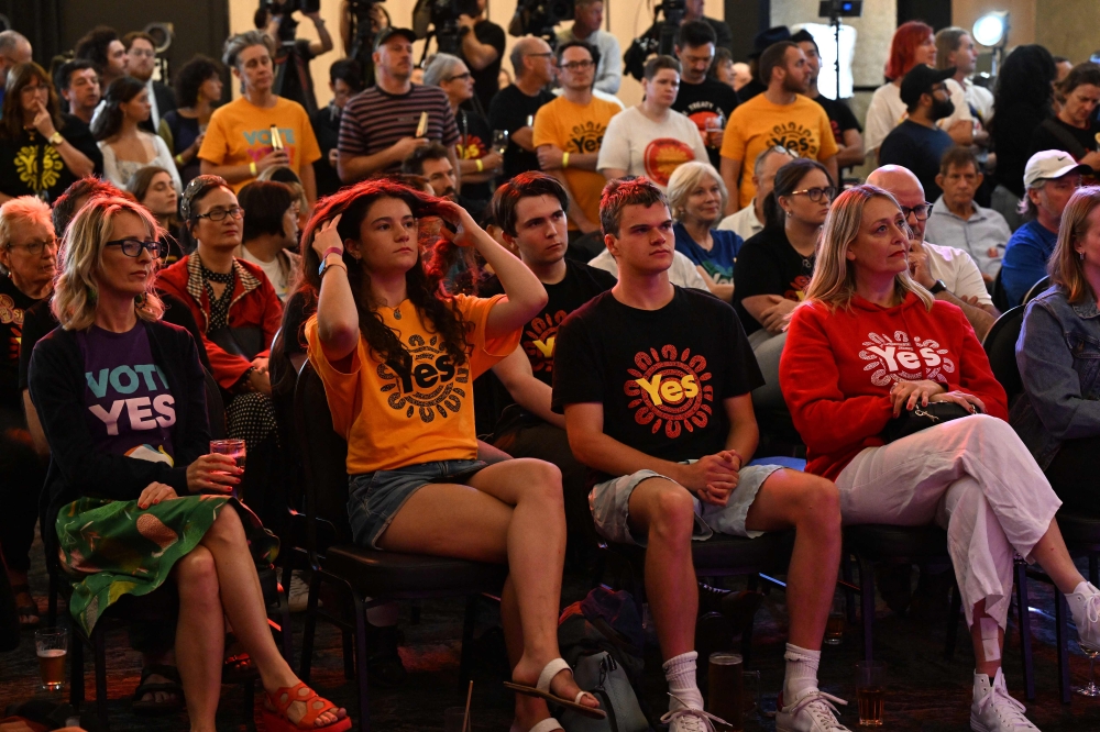 Supporters of Yes vote listen to the results at a ‘Yes2023 Official Referendum Function’ in Sydney on October 14, 2023. — AFP pic