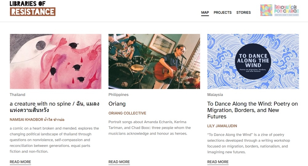 Libraries of Resistance is an online portal that features stories from marginalised communities and human rights defenders who resist oppression and centre the building of communities across North- and South-East Asia. — Screencap from eastasia.innovationforchange.net
