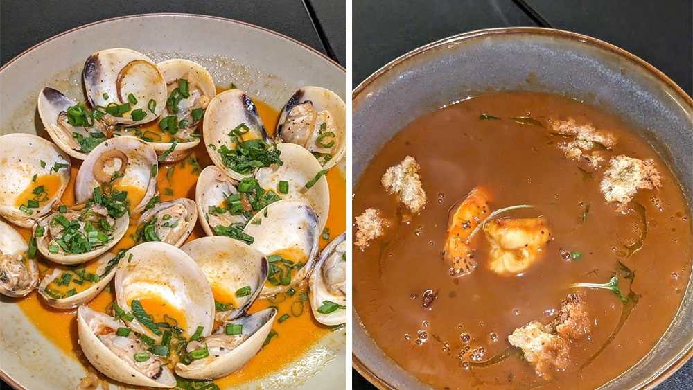 Clams with Zaalouk Sauce (left). Prawn Bisque, impossibly rich with a whole tiger prawn in the middle (right).