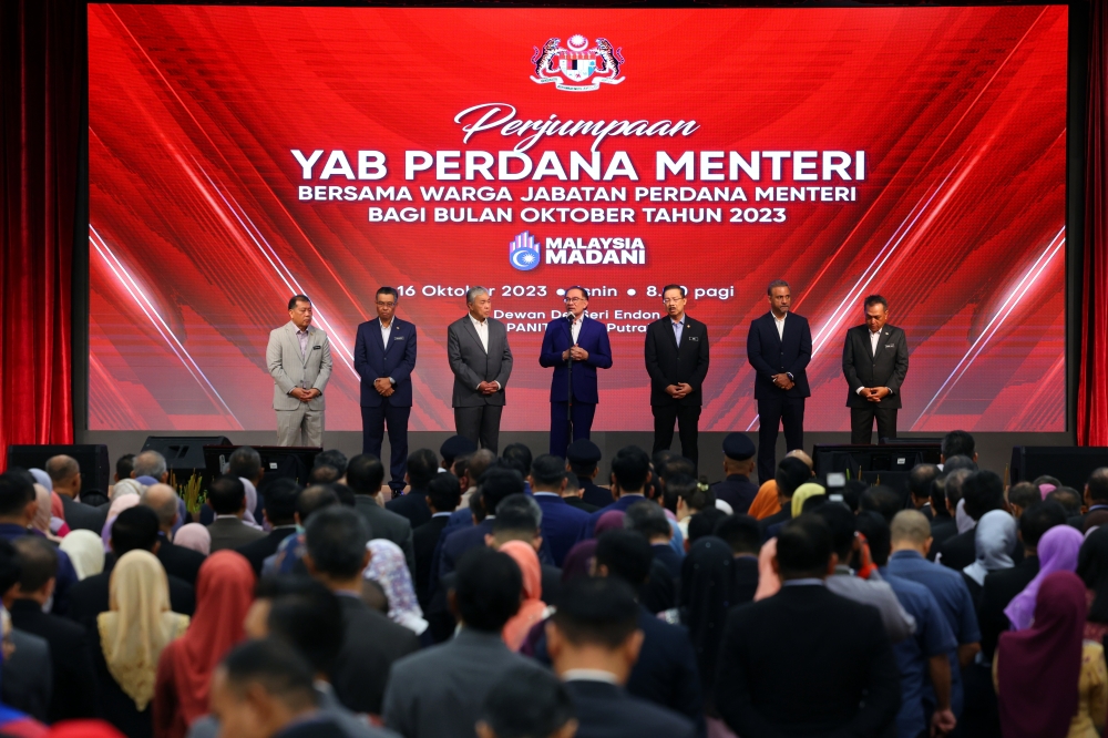 Prime Minister Datuk Seri Anwar Ibrahim at the monthly assembly with staff of the Prime Minister’s Department in Putrajaya October 16, 2023. — Bernama pic