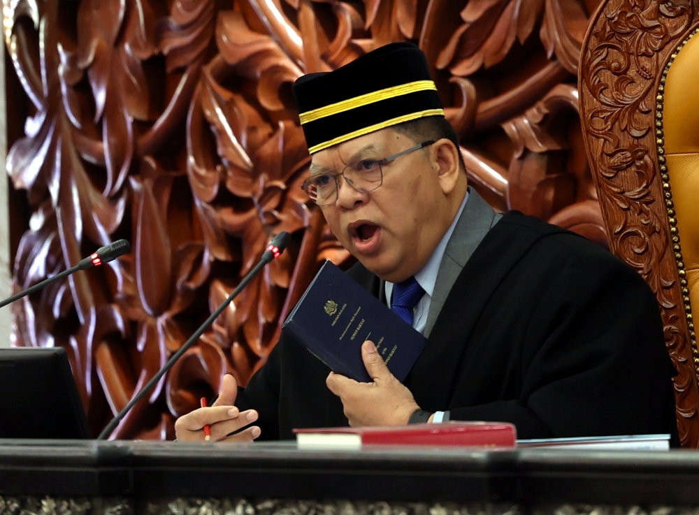 Dewan Rakyat Speaker Tan Sri Johari Abdul at the Parliament in Kuala Lumpur October 16, 2023. — Bernama pic