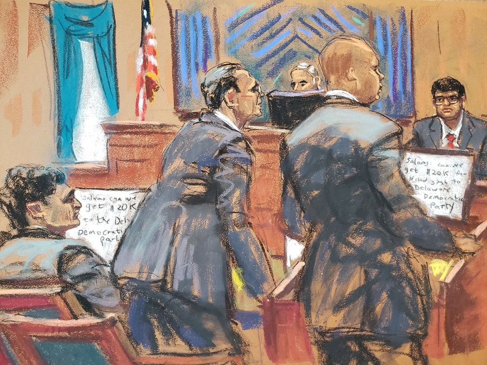 Defence lawyer Mark Cohen objects as Assistant US Attorney Nicolas Roos questions Nishad Singh during Sam Bankman-Fried’s fraud trial over the collapse of FTX at the Federal Court in New York October 16, 2023 in this courtroom sketch. — Reuters pic