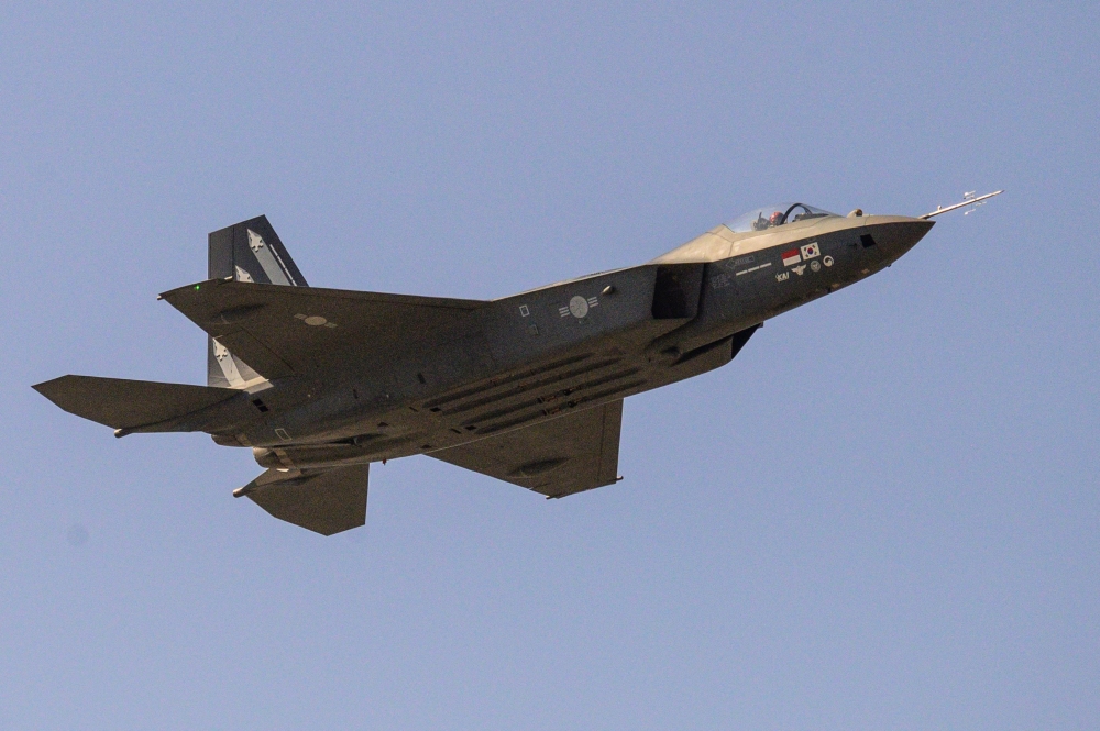 A South Korea Air Force KF-21 Fighter during a media demonstration at the Seoul International Aerospace and Defence Exhibition (ADEX) in Seongnam ― AFP pic