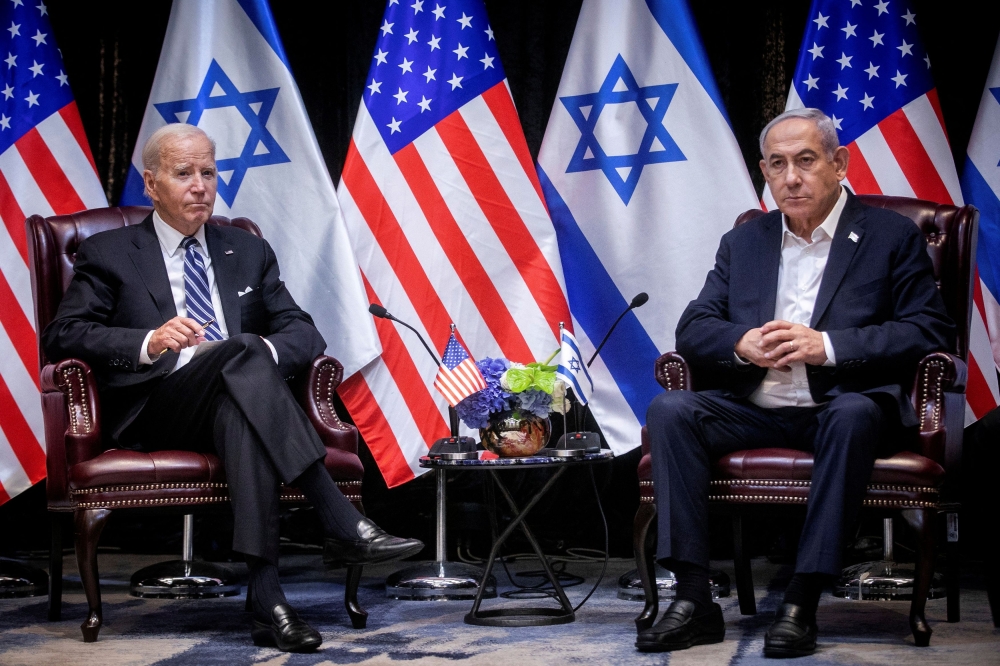US President Joe Biden during a meeting with Israeli Prime Minister Benjamin Netanyahu to discuss the war between Israel and Hamas in Tel Aviv. — Reuters pic