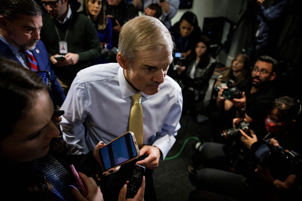 US Representative Jim Jordan, Republican of Ohio, speaks to the press at the US Capitol in Washington, DC, on October 19, 2023. — AFP pic