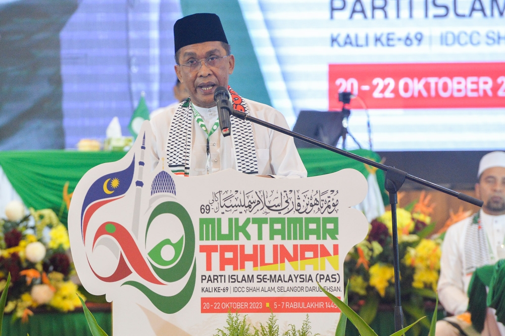 PAS secretary-general Datuk Seri Takiyuddin Hassan speaks during 69th PAS Muktamar in Shah Alam October 20, 2023. ― Picture by Miera Zulyana