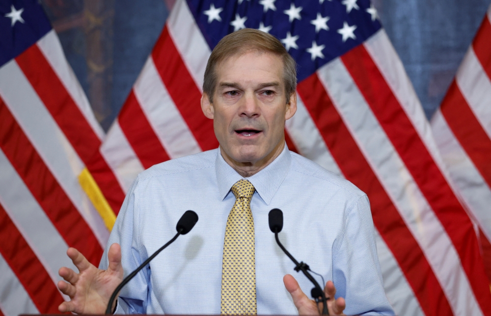 US Rep. Jim Jordan (R-OH) speaks to reporters during an early morning press conference about his continuing bid to become the next Speaker of the House of Representatives at the US Capitol in Washington October 20, 2023. — Reuters pic