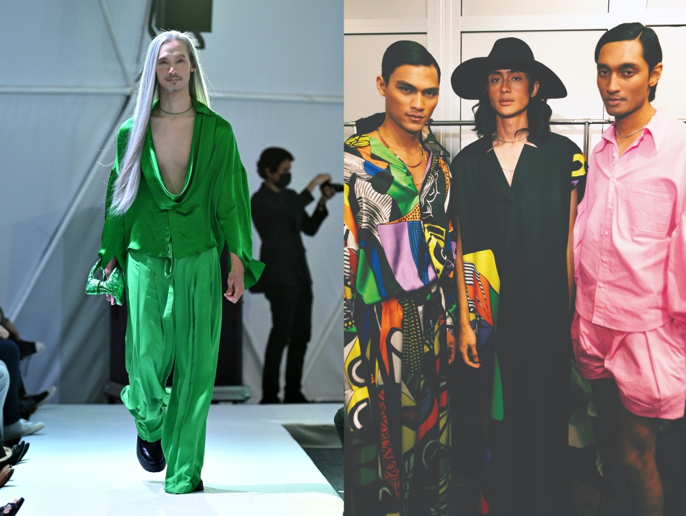 Istanbul oversized drape shirt with drawstring pants in jewel green and (right) male models in the 'Dia' collection. Syomir last showcased his designs at Kuala Lumpur Fashion Week in August. — Pictures courtesy of Syomirizwa Gupta
