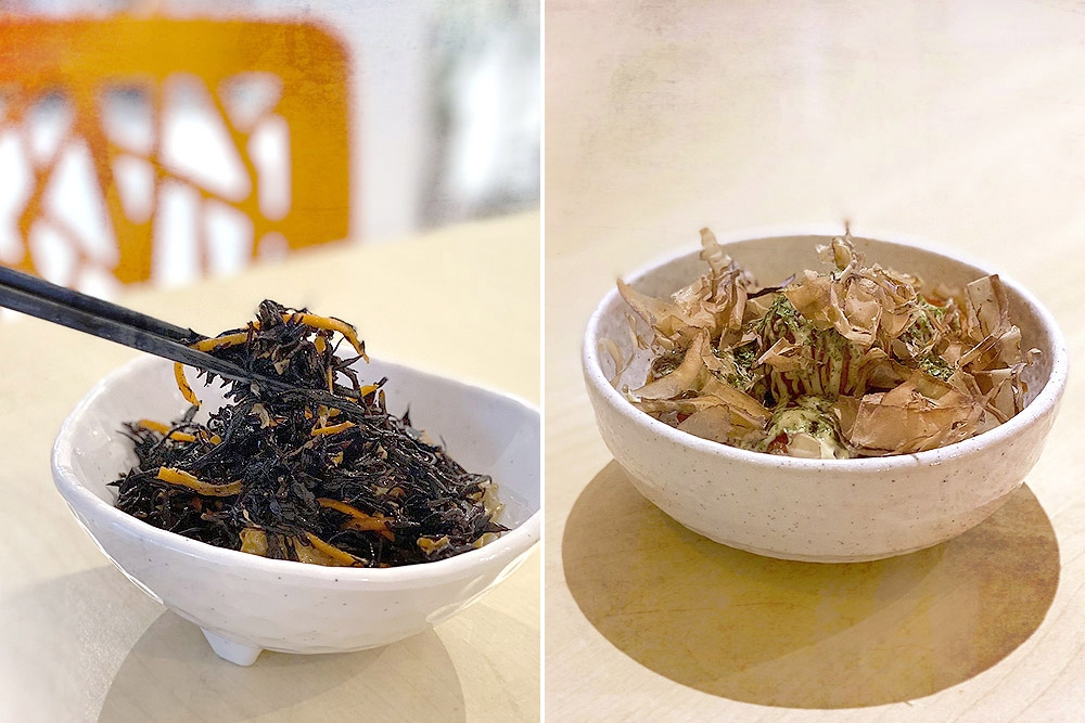 'Hijiki' seaweed (left) and 'takoyaki' (right).
