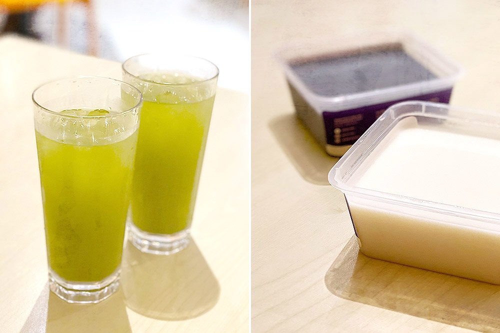 Green tea (left). Plain and black sesame 'tau foo fa' (right).