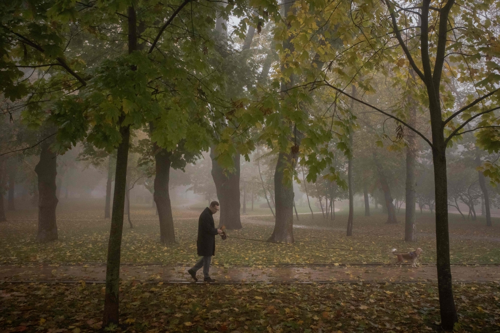 A man walks a dog in a park on a foggy day, in Kyiv, on October 21, 2023, amid the Russian invasion of Ukraine. — AFP pic