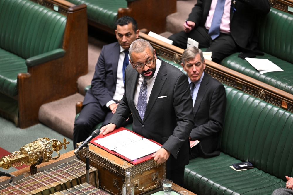 File photo of British Foreign Secretary James Cleverly speaking during Urgent Question meeting on the explosion at the Al-Ahli Arab Hospital in Gaza, at the House of Commons in London, Britain October 18, 2023.— Reuters pic