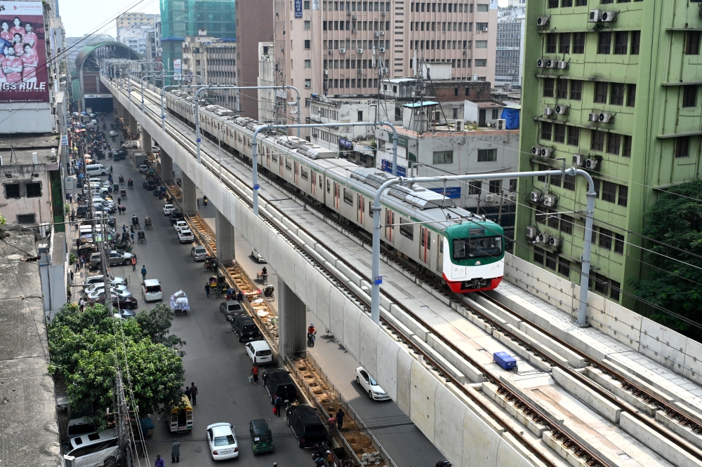 Metro rail train trial runs on the viaduct of second part from Agargoan to Motijheel in Dhaka, Bangladesh, on October 15, 2023. — NurPhoto pic via Reuters