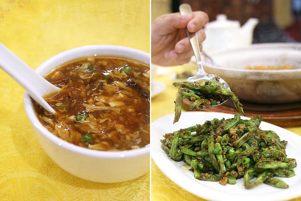 Sichuan hot and sour soup (left). Fried string beans with minced chicken (right).