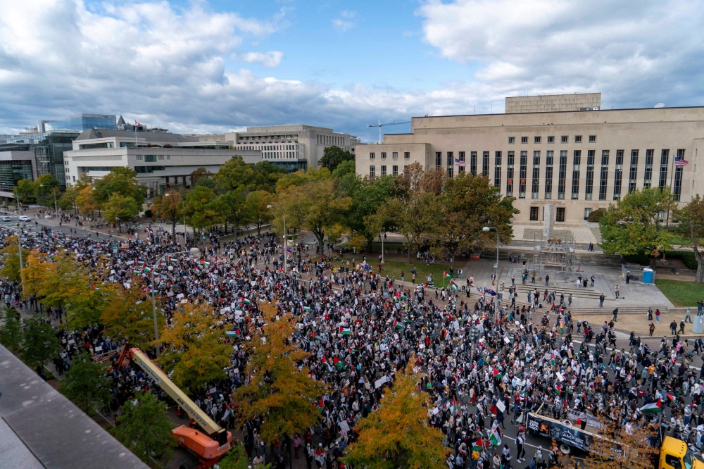 A rally held by Muslim Americans for Palestine calling for ceasefire in Gaza in Washington on October 21. — Reuters pic