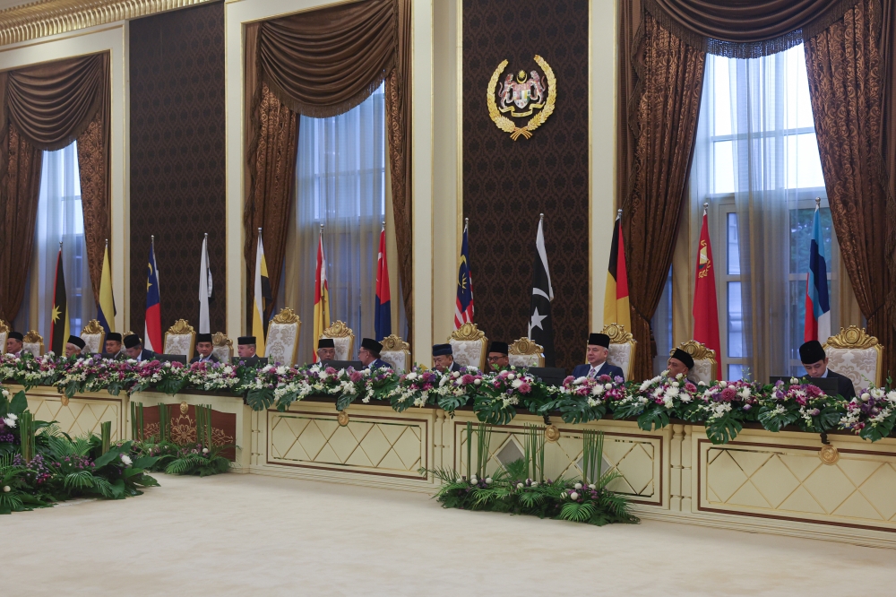 Yang di-Pertuan Agong Al-Sultan Abdullah Ri’ayatuddin Al-Mustafa Billah Shah and other rulers are seen on the second day of the 262nd edition of the Conference of Rulers’ meeting at Istana Negara October 26, 2023. — Bernama pic 