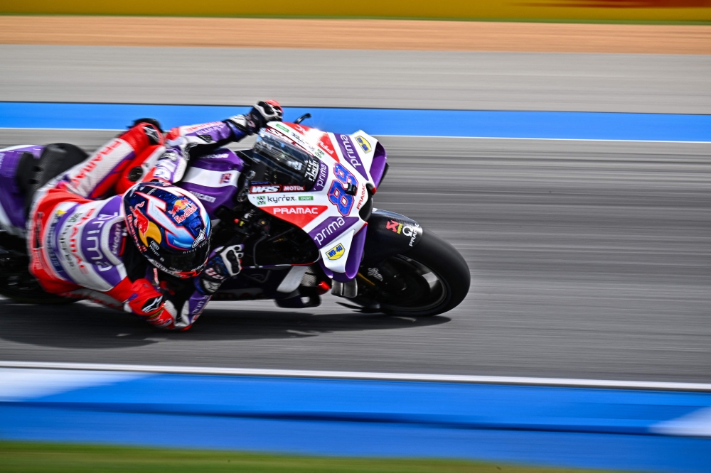 Prima Pramac Racing’s Spanish rider Jorge Martin rides his bike during the first free practice session of the MotoGP Thailand Grand Prix at the Buriram International Circuit in Buriram on October 27, 2023. — AFP pic 