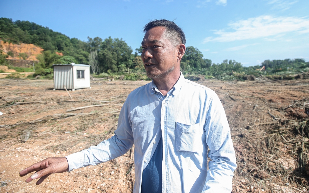 Farmer Liew Wong, 57, showing the oil palm plantation that was completely destroyed during the eviction process in Kanthan, Tambun, October 27, 2023. — Picture by Farhan Najib