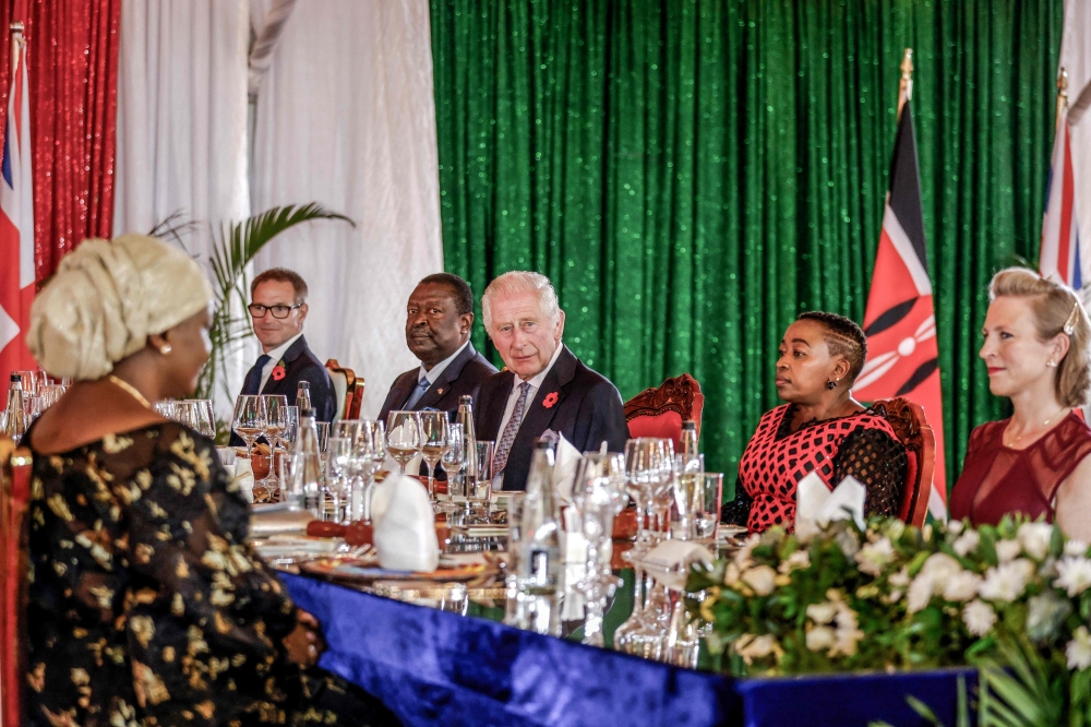 Britain's King Charles III (centre) attends the State Banquet hosted by Kenyan President William Ruto at the State House in Nairobi on October 31, 2023. — Pool pic via AFP