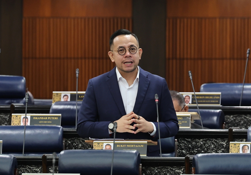 Deputy Finance Minister II Steven Sim speaks at the Parliament in Kuala Lumpur November 1, 2023. — Bernama pic
