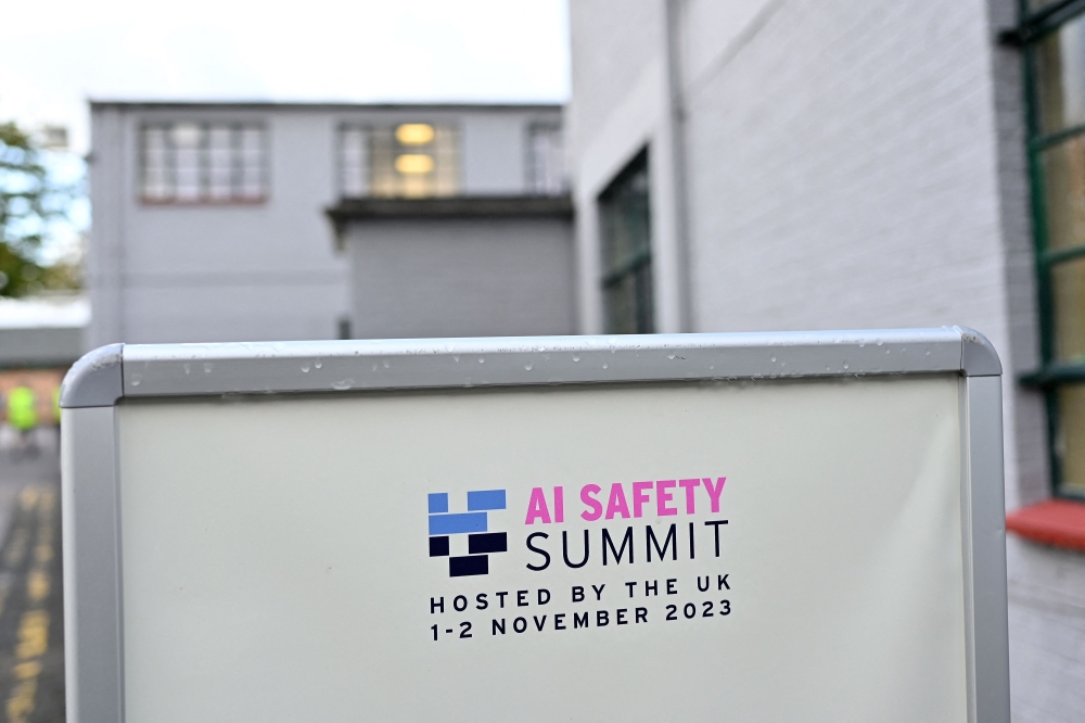 The ‘AI Safety Summit’ is advertised at Bletchley Park, near Milton Keynes, north of London on October 26, 2023. — AFP pic