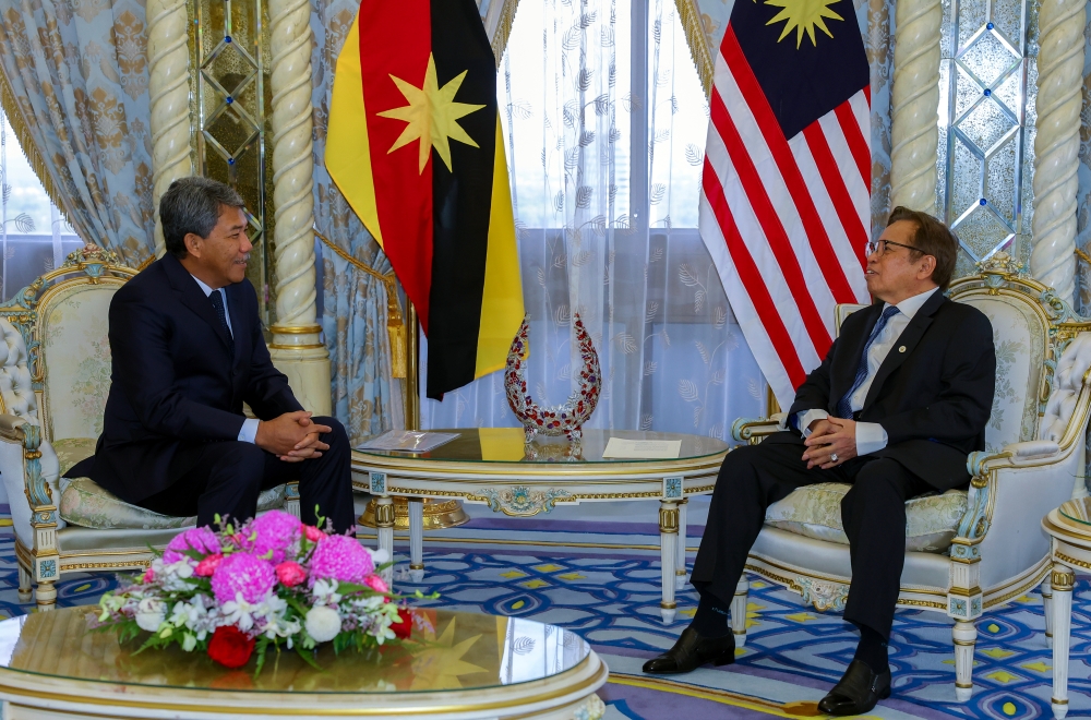 Sarawak Premier Tan Sri Abang Johari Openg receives a courtesy call from Defence Minister Datuk Seri Mohamad Hasan at his office at Wisma Bapa Malaysia in Petra Jaya, November 2, 2023. — Bernama pic 