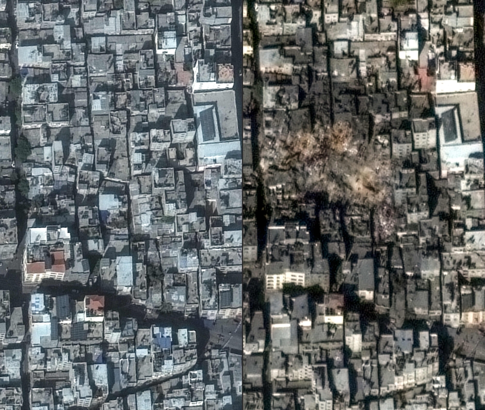 This combination of handout satellite images released by Maxar Technology and created on November 1, 2023, shows (left) an overview of the Jabalia refugee camp on October 31, 2023 and the destruction in the same camp after it was hit by an Israeli strike. — Satellite image by Maxar Technologies via AFP
