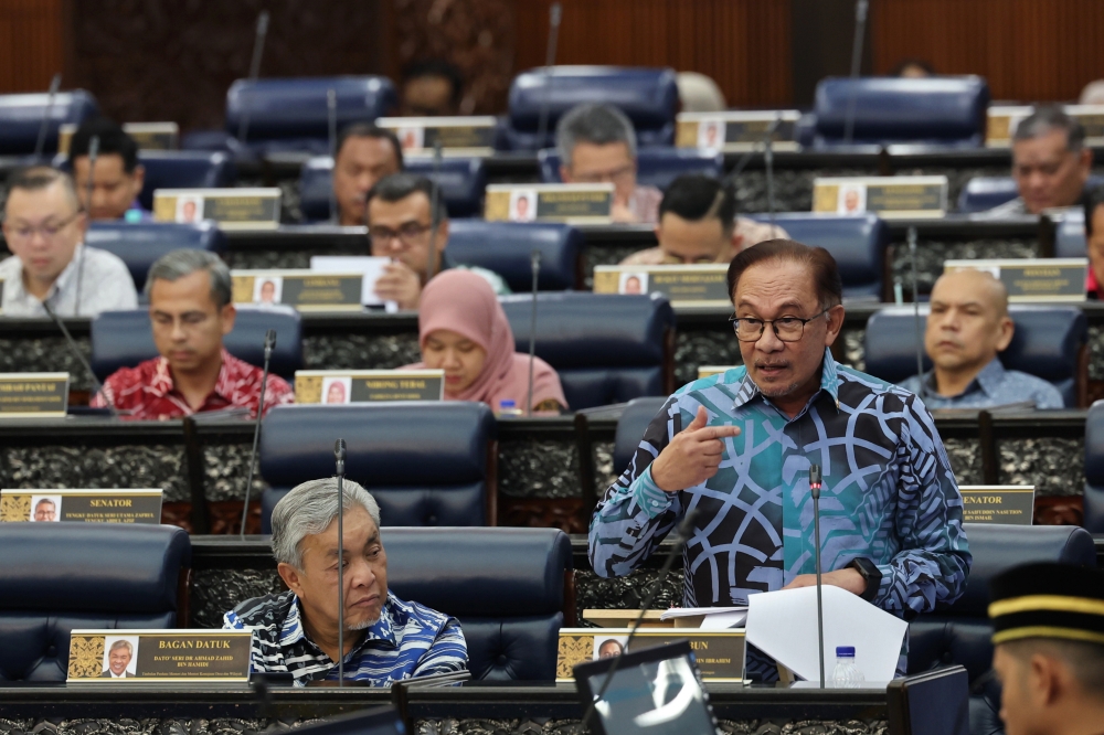 Finance Minister Datuk Seri Anwar Ibrahim, who is also the prime minister, during his winding-up speech for the Supply Bill 2024, November 2, 2023. — Bernama pic  