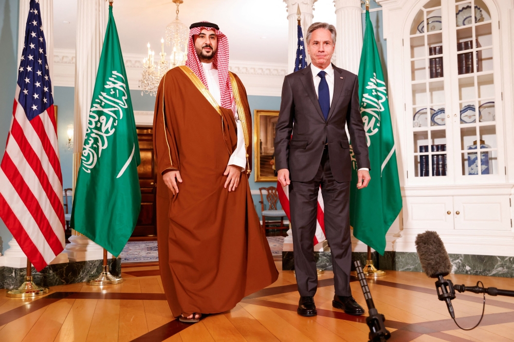 US Secretary of State Antony Blinken meets with Saudi Arabia’s Defense Minister Prince Khalid bin Salman at the Department Of State in Washington November 1, 2023. — Reuters pic