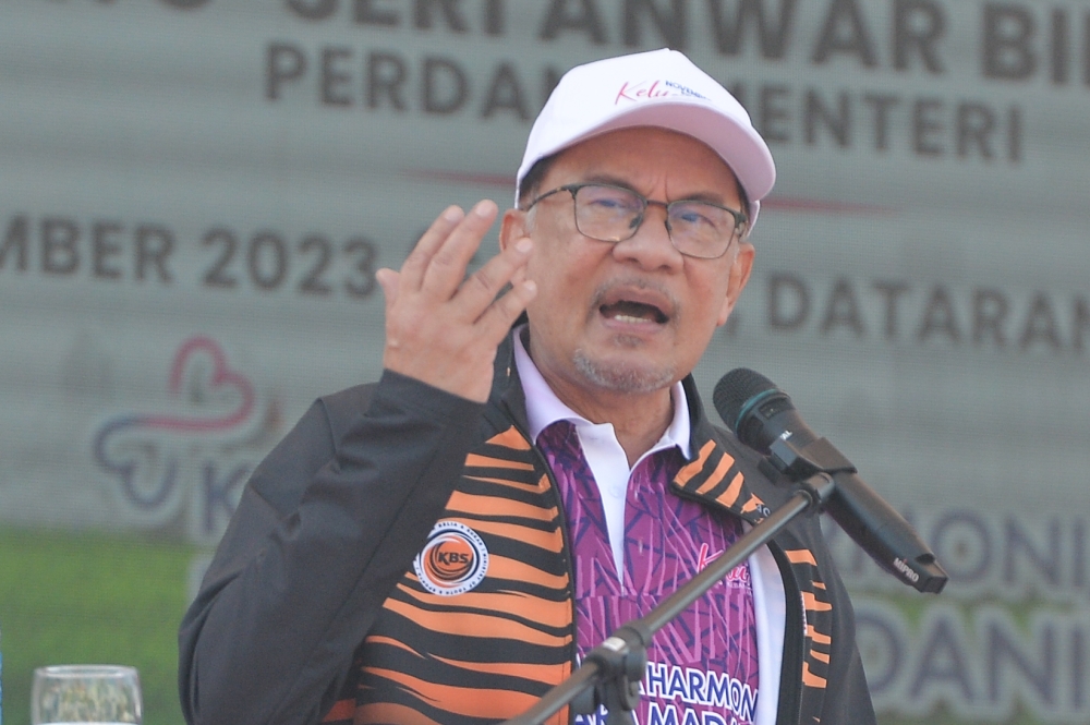 Prime Minister Datuk Seri Anwar Ibrahim speaks during the launching ceremony of the National Family Month at Dataran Putrajaya November 4, 2023. — Picture by Miera Zulyana