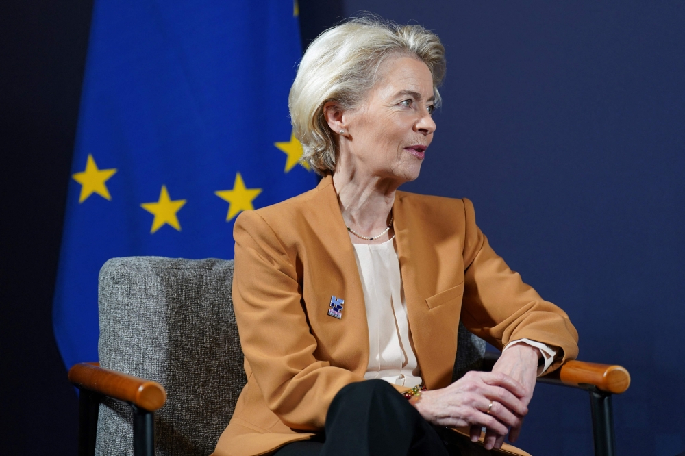 President of the European Commission Ursula von der Leyen speaks with Britain’s Prime Minister Rishi Sunak  during a meeting on for the second day of the UK Artificial Intelligence (AI) Safety Summit at Bletchley Park, in central England, on November 2, 2023. — AFP pic