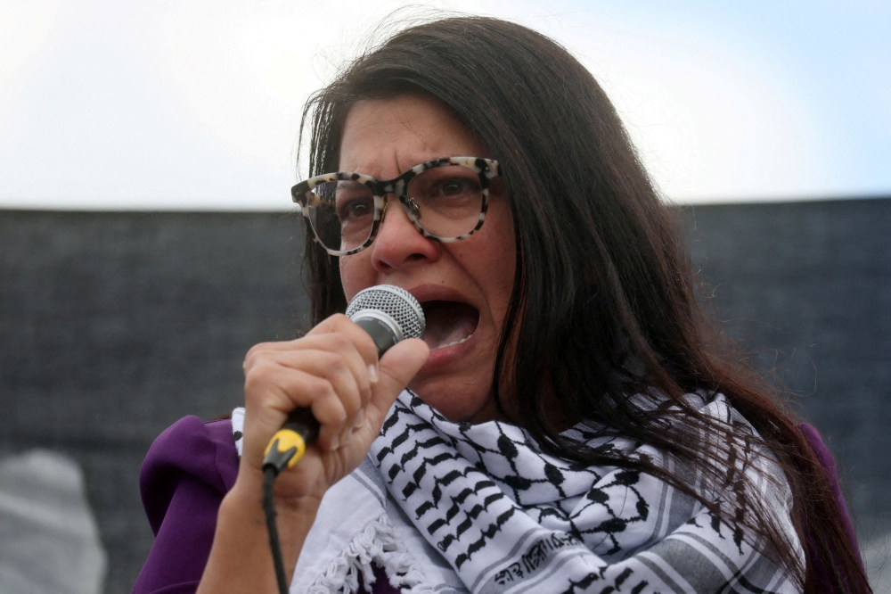 File photo of Representative Rashida Tlaib addressing attendees as she takes part in a protest calling for a ceasefire in Gaza outside the US Capitol, in Washington, US, October 18, 2023. — Reuters pic