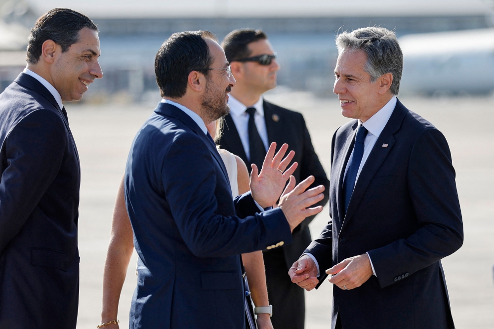 US Secretary of State Antony Blinken met Cyprus President Nikos Christodoulides yesterday to discuss a maritime aid corridor from the island to the heavily bombarded and besieged Gaza Strip. — AFP pic