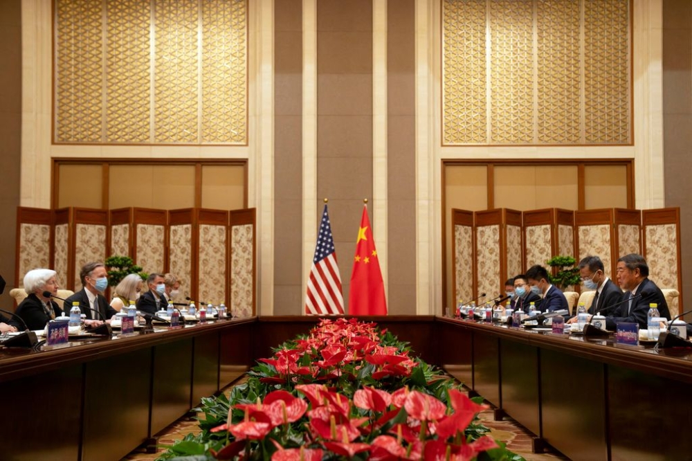 US Treasury Secretary Janet Yellen, left, listens as Chinese Vice Premier He Lifeng, right, speaks during a meeting at the Diaoyutai State Guesthouse in Beijing, China, July 8, 2023. — Reuters pic