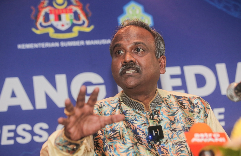 Human Resources Minister V. Sivakumar speaks to the media at the Social Security Organisation’s (Socso) Deepavali celebration held at the Impiana Hotel in Ipoh, Perak, November 7, 2023. — Picture by Farhan Najib