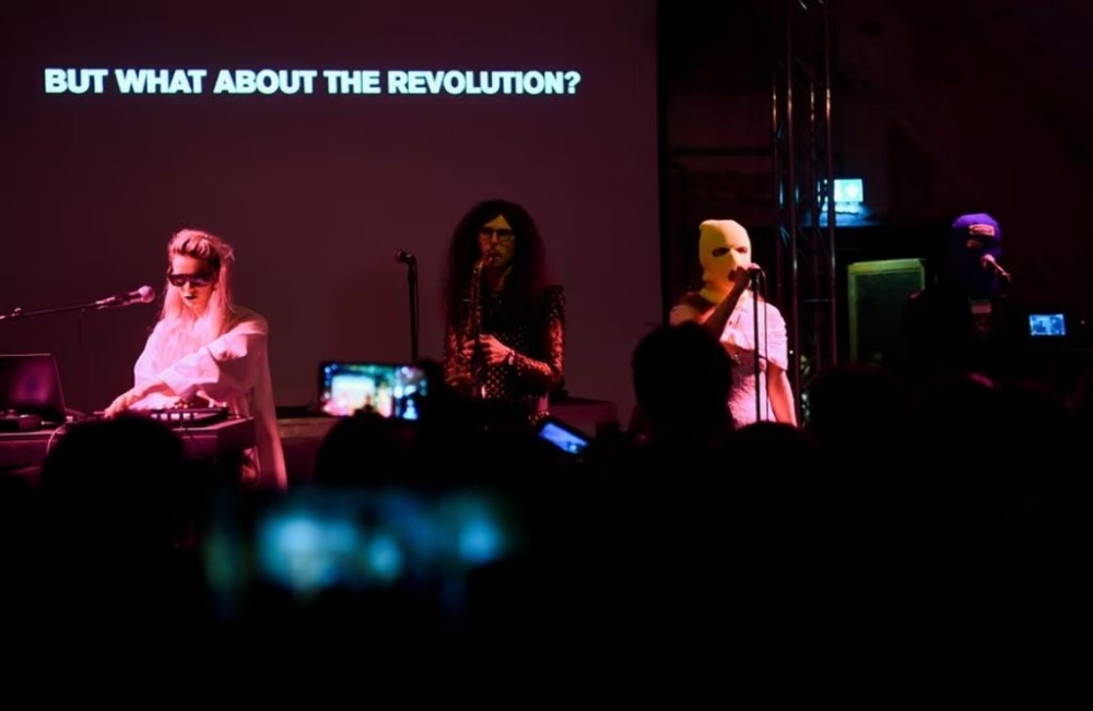 Russian punk music group Pussy Riot, critical of the country’s regime, perform during their anti-war concert tour, amid Russia’s invasion of Ukraine, at Shedhalle concert hall in Berlin, Germany May 12, 2022. — Reuters pic