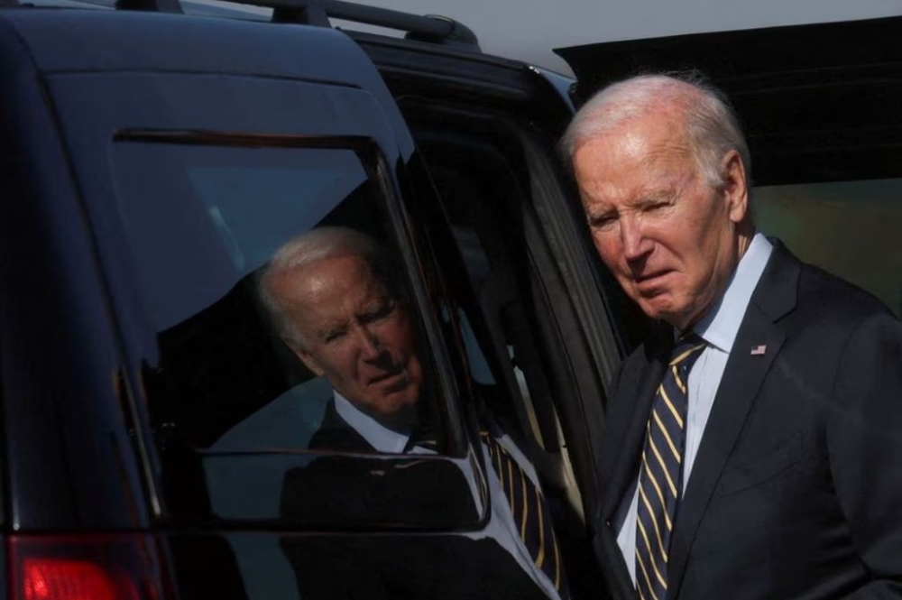 US President Joe Biden boards a vehicle after arriving at Delaware Air National Guard Base in New Castle, Delaware, US, November 6, 2023. — Reuters pic