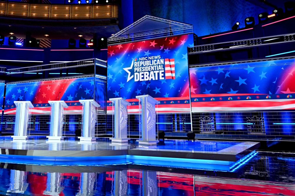 The stage is prepared ahead of the third Republican presidential primary debate at the Knight Concert Hall in Miami, Florida, on November 7, 2023. — AFP pic